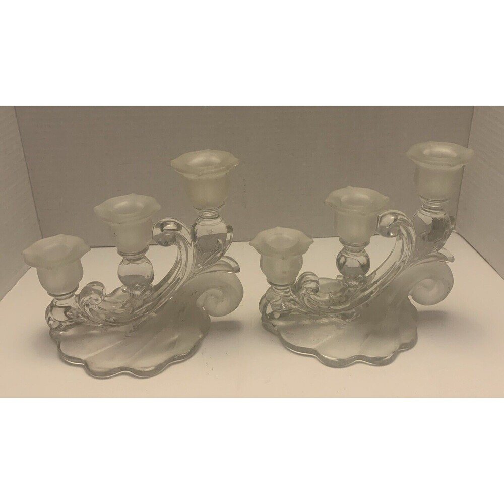 2 Vintage CAMBRIDGE CAPRICE Triple Frosted Clear Glass Candle Holders 6” X 6.5”